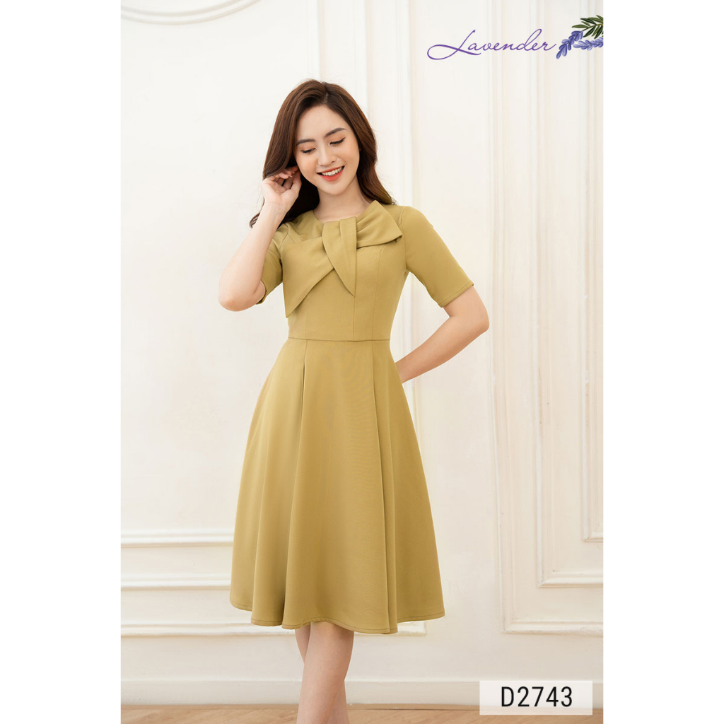 Đầm công sở thiết kế LAVENDER FASHION vàng cốm dáng xòe nơ ngực D2743