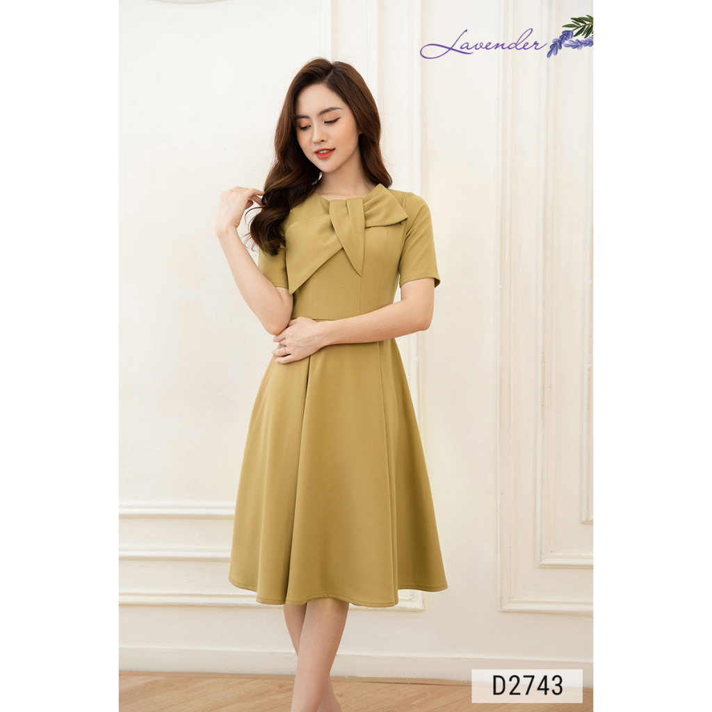 Đầm công sở thiết kế LAVENDER FASHION vàng cốm dáng xòe nơ ngực D2743