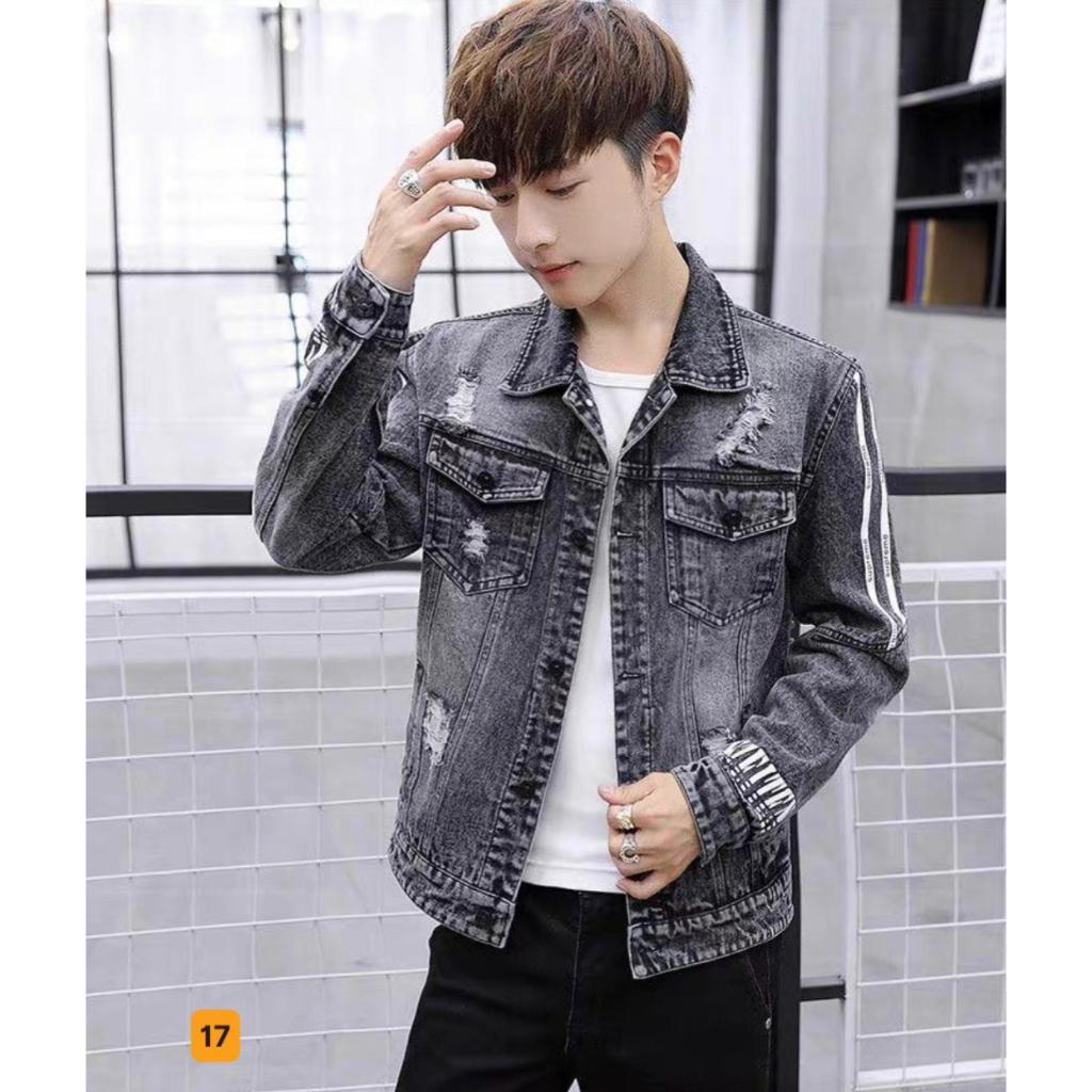 Áo khoác jean nam xám đen rách hình in bàn tay - chất vải denim dày dặn co giãn thoải mái - TUẤN KIỆT Store 8888 IAN01