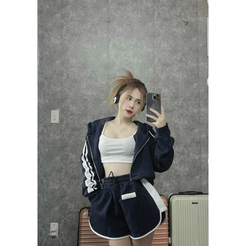 SET 3 MÓN THỂ THAO XANH THAN: ÁO KHOÁC CROPTOP NÓN + ÁO 2 DÂY TRẮNG + QUẦN SHORT VẠT BẦU ANGI HOME