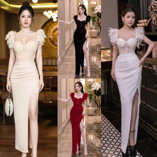 Đầm dạ hội tay đính lông vũ đính đá cao cấp TẶNG KÈM HOA TAI THỜI TRANG