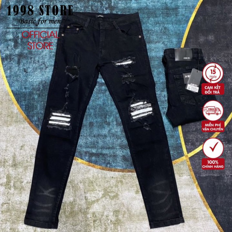 Quần Bò AMIRI Đen Vá Gối Da Trắng Quần Jean nam màu đen gối vá họa tiết màu Hot Trend S T O R E 1998