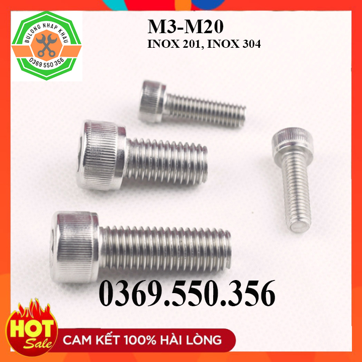 Bulong inox, bulong cle lục giác chìm M12 đầu trụ,Combo 10 Chiếc