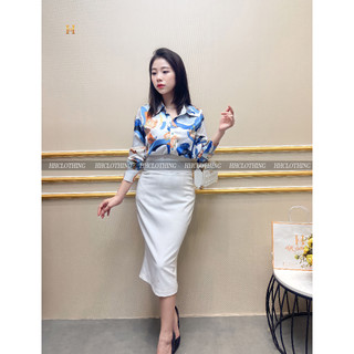 Áo sơ mi họa tiết bán nguyệt + chân váy bút chì trắng HH Clothing