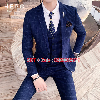 Bộ vest nam cao cấp Hàn Quốc, Bộ suit Hàn Quốc kẻ caro xanh