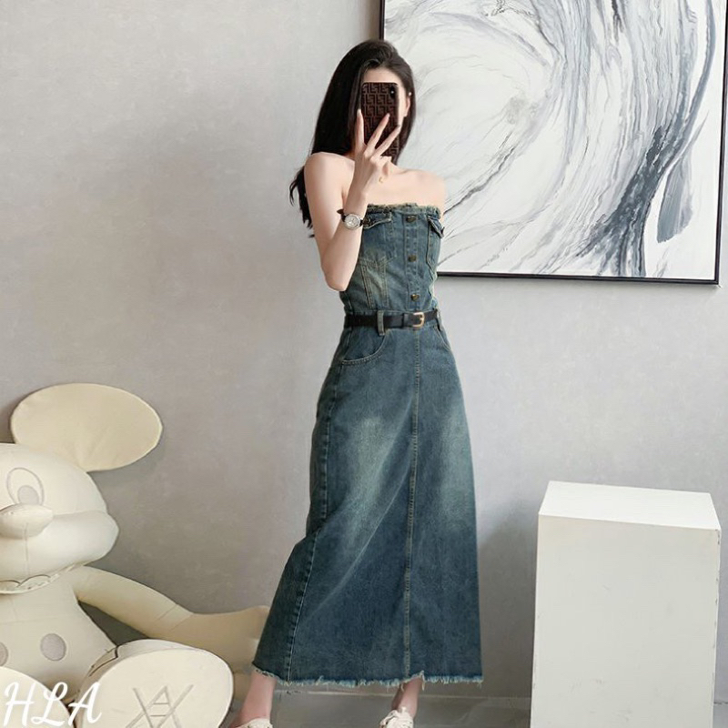Đầm Jean Cúp Ngực Dáng Dài Kèm Đai Mã TK068