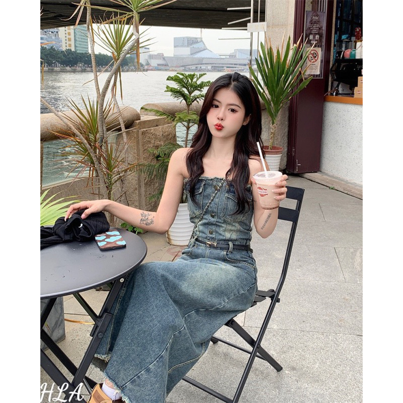 Đầm Jean Cúp Ngực Dáng Dài Kèm Đai Mã TK068