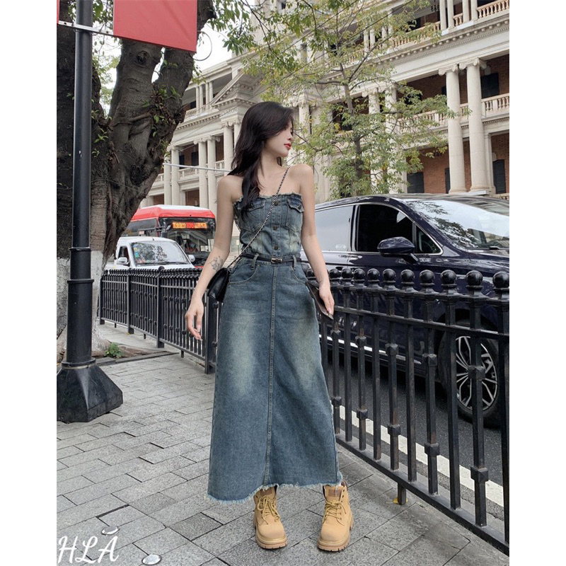 Đầm Jean Cúp Ngực Dáng Dài Kèm Đai Mã TK068