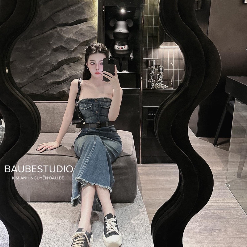 Đầm Jean Cúp Ngực Dáng Dài Kèm Đai Mã TK068