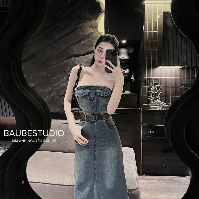 Đầm Jean Cúp Ngực Dáng Dài Kèm Đai Mã TK068