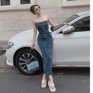 Đầm Jeans Dáng Dài Cúp Ngực Kèm Nịt, Váy Bò Ống Body Chất Jean Co Giãn Dày Đẹp