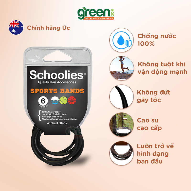 Bộ 6 dây cột tóc cao su dùng bơi lội Schoolies đen, đỏ, vàng, xanh lá đậm co giãn tốt, êm chân tóc,giảm gãy rụng khi cột