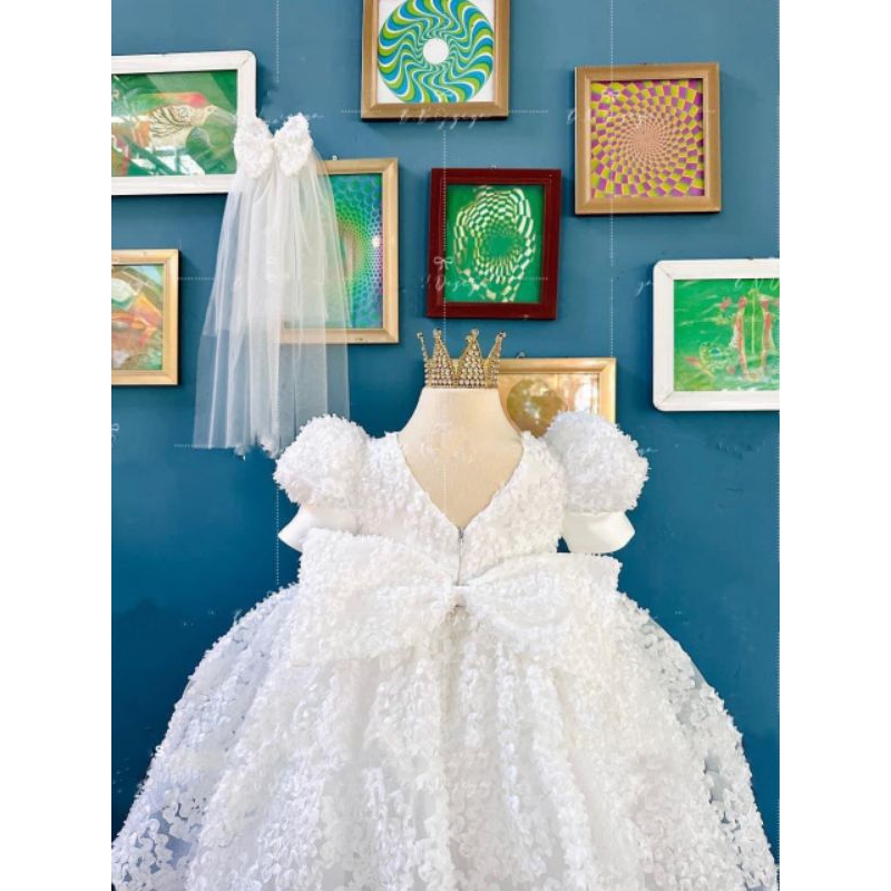 Váy ren công chúa hoa tú cầu nổi kèm nơ cài đầu xinh xắn bé gái