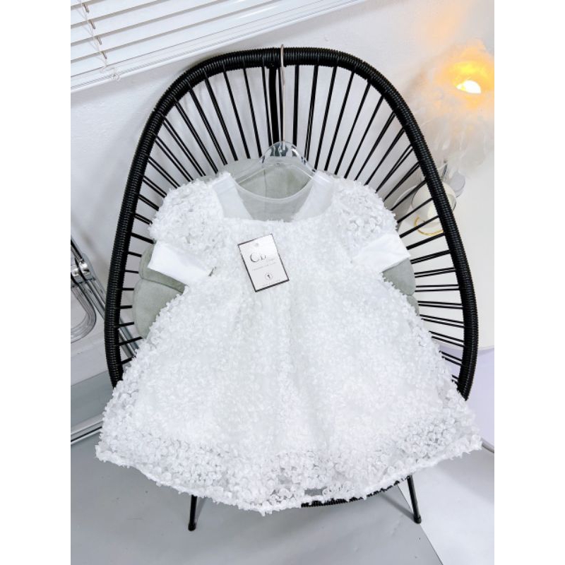 Váy ren công chúa hoa tú cầu nổi kèm nơ cài đầu xinh xắn bé gái