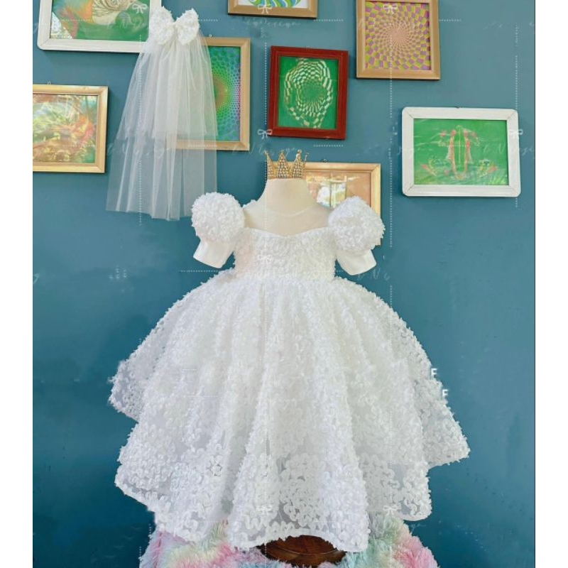 Váy ren công chúa hoa tú cầu nổi kèm nơ cài đầu xinh xắn bé gái