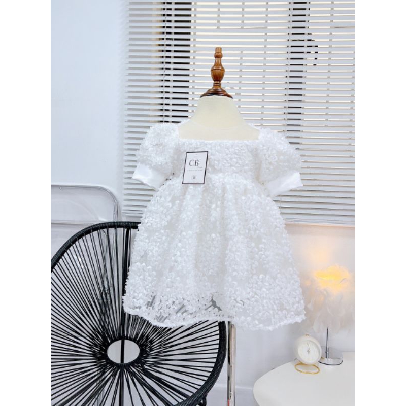 Váy ren công chúa hoa tú cầu nổi kèm nơ cài đầu xinh xắn bé gái