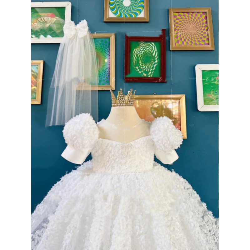 Váy ren công chúa hoa tú cầu nổi kèm nơ cài đầu xinh xắn bé gái