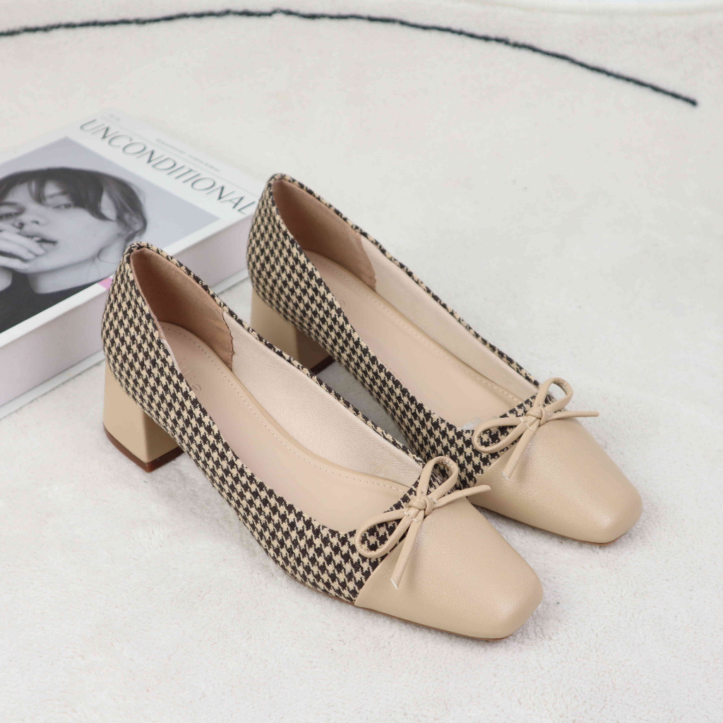 Giày cao gót nữ công sở mũi vuông phối màu thanh lịch sang trọng êm mềm gót vuông cao 5cm 1168