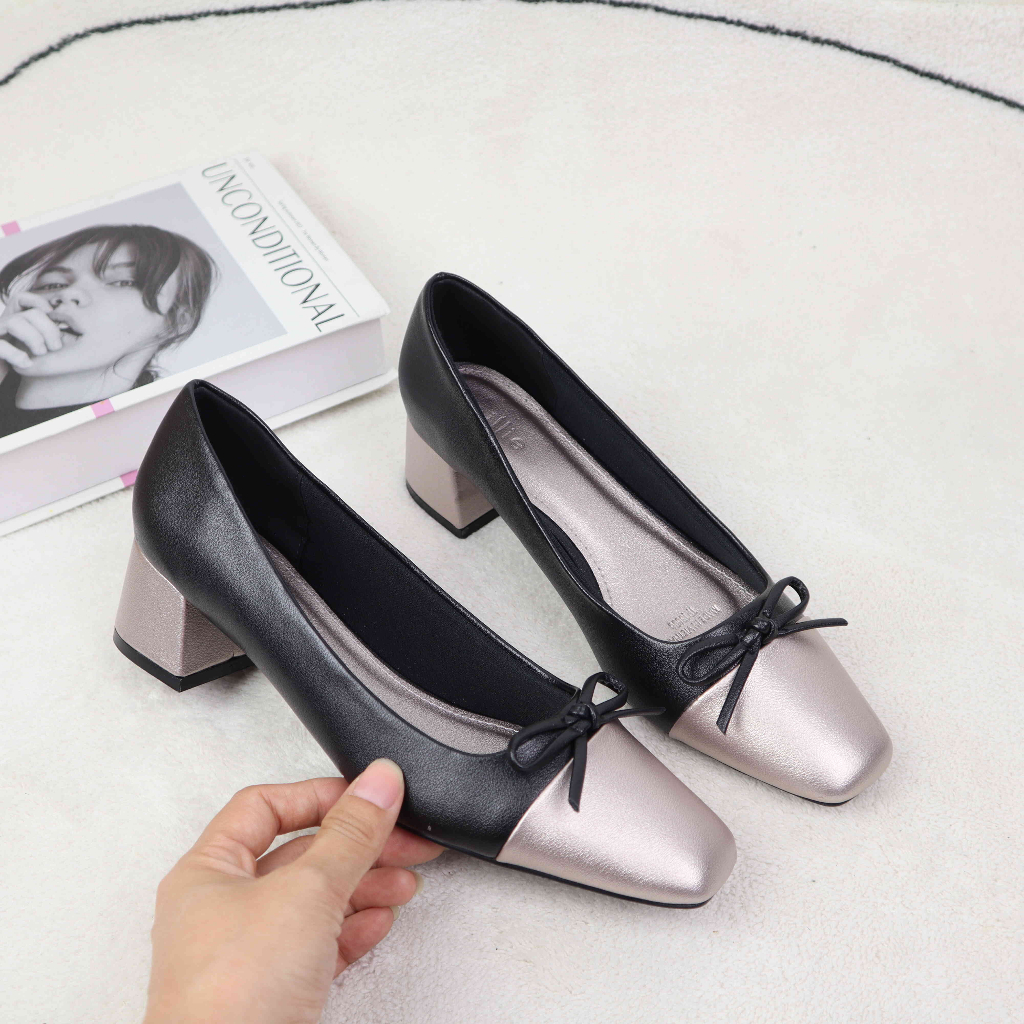 Giày cao gót nữ công sở mũi vuông phối màu thanh lịch sang trọng êm mềm gót vuông cao 5cm 1168