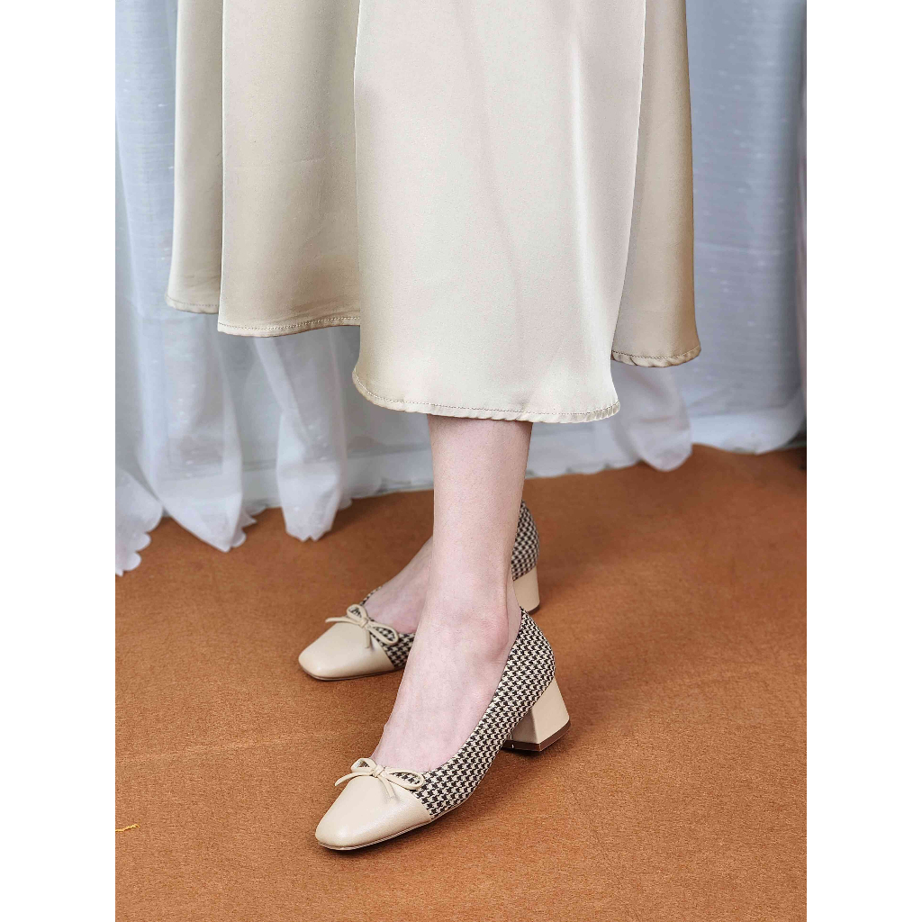 Giày cao gót nữ công sở mũi vuông phối màu thanh lịch sang trọng êm mềm gót vuông cao 5cm 1168