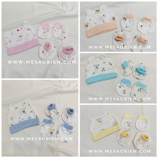 Set mũ bao tay bao chân bé sơ sinh in họa tiết Babiboo