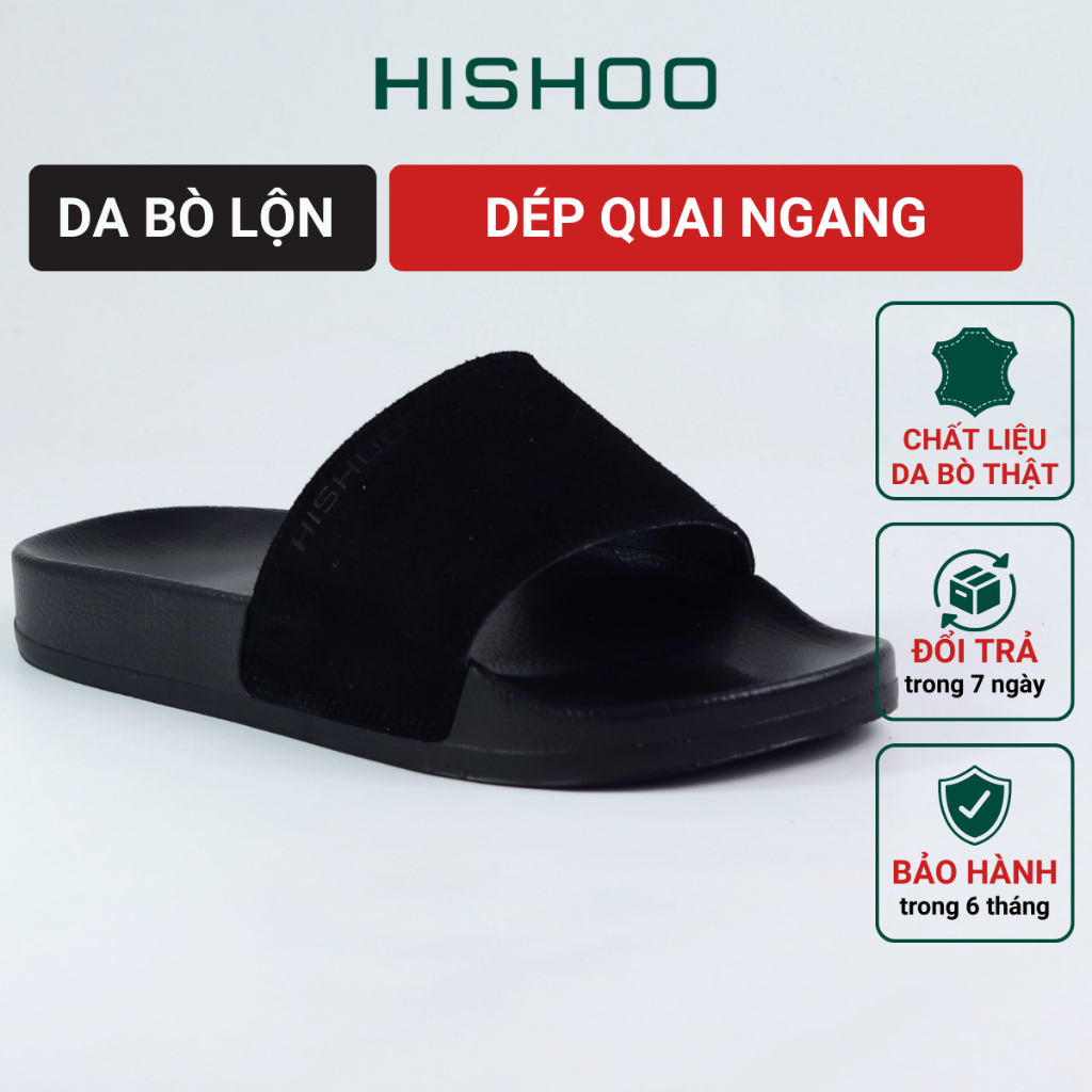 Dép quai ngang slipper nam , nữ , trẻ em da bò thật siêu nhẹ HISHOO đen cao cấp thời trang size 33 - 43 U088