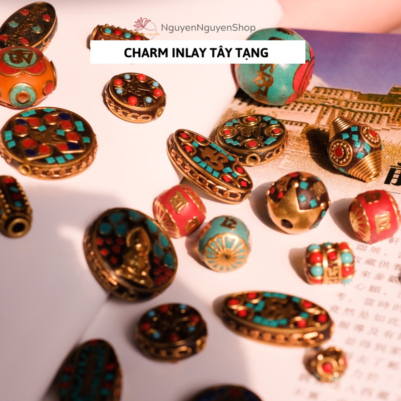 Charm hạt Inlay Tây Tạng - Bình An May Mắn với các Biểu tượng Tốt lành