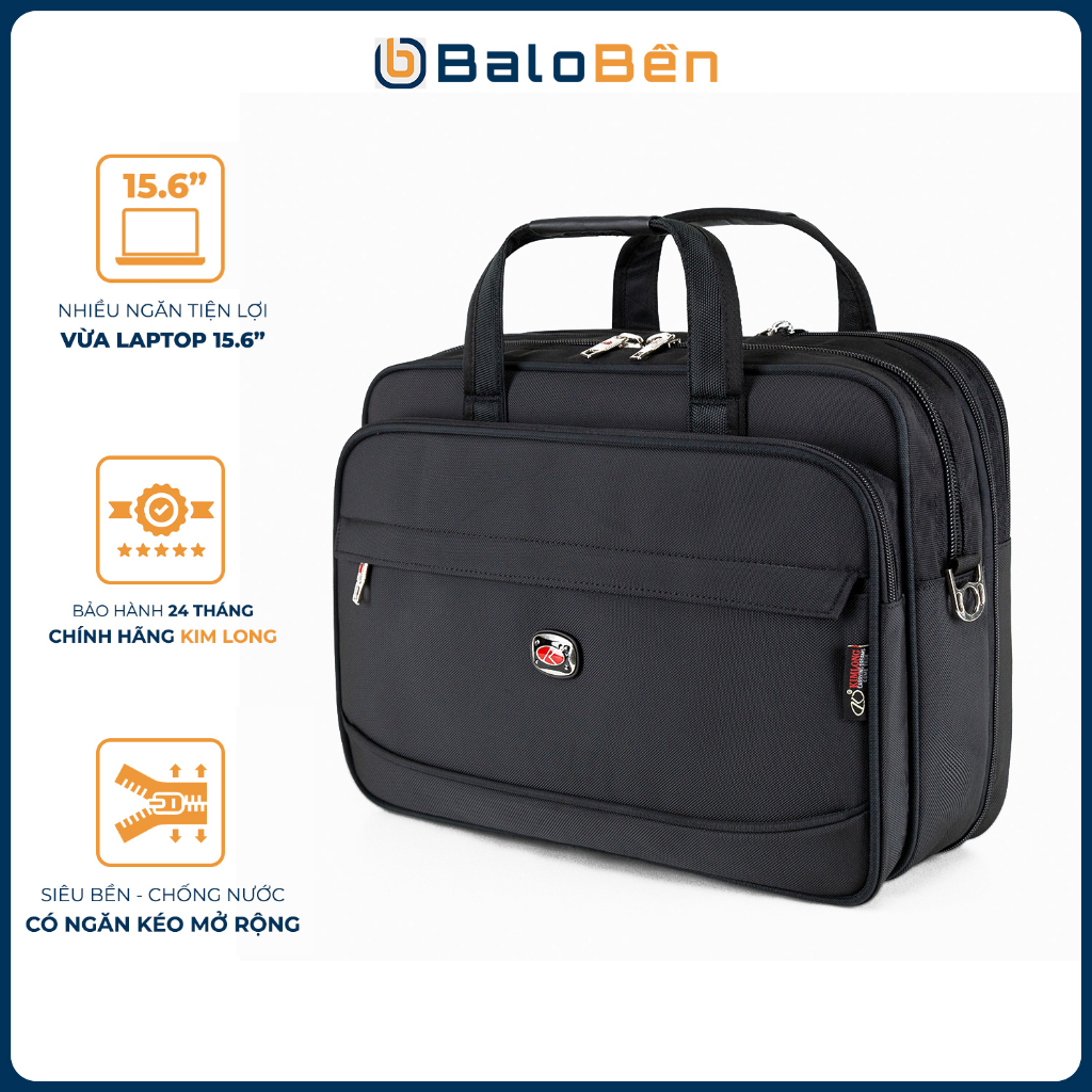Cặp laptop nam nữ, có thể mở rộng thêm 5cm, nhiều ngăn, cặp văn phòng Kim Long KL18 đen