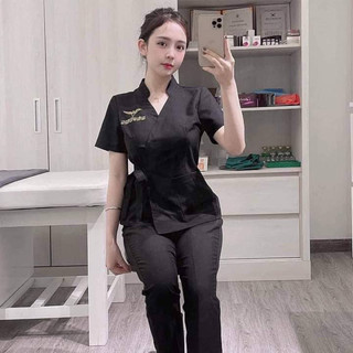 Đồng phục spa anh minh chất cotton hàn có cả chân váy và quần dài may đo theo yêu cầu quý khách hàng