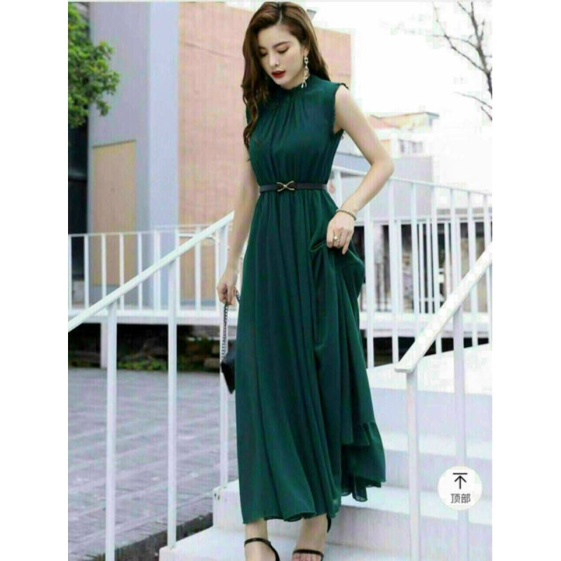ĐẦM MAXI XANH CỔ TRỤ KÈM NỊT