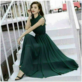 ĐẦM MAXI XANH CỔ TRỤ KÈM NỊT