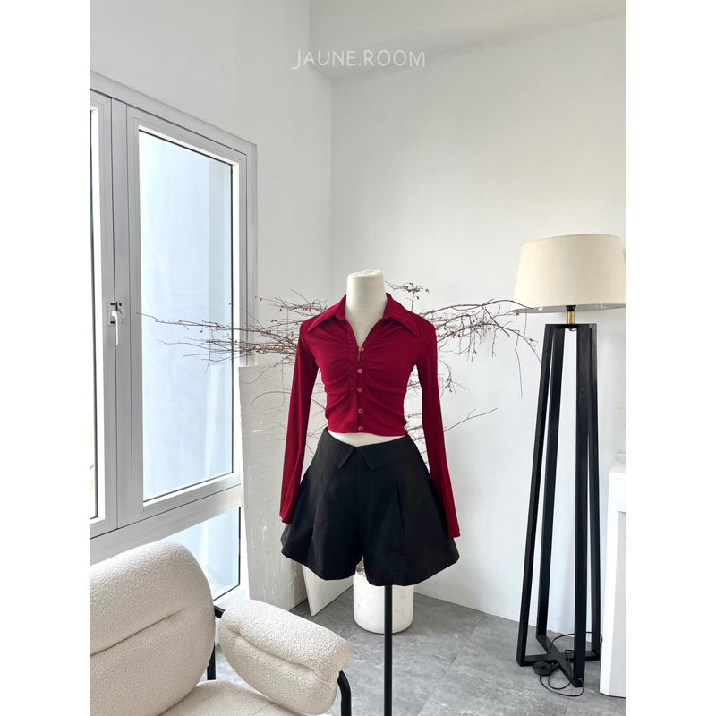 Áo croptop thun tay dài JAUNE cổ sơ mi- Dori Top