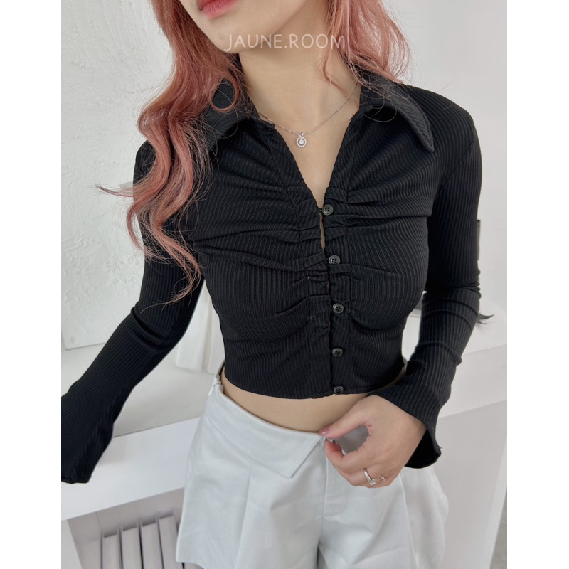 Áo croptop thun tay dài JAUNE cổ sơ mi- Dori Top