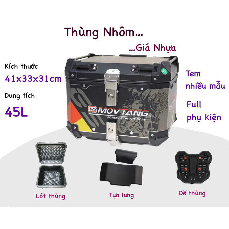 Thùng NHÔM 45L, TOP BOX 45L, thùng sau xe máy, moto, FULL phụ kiện, chống nước, gắn mọi loại baga, nhiều mẫu mã