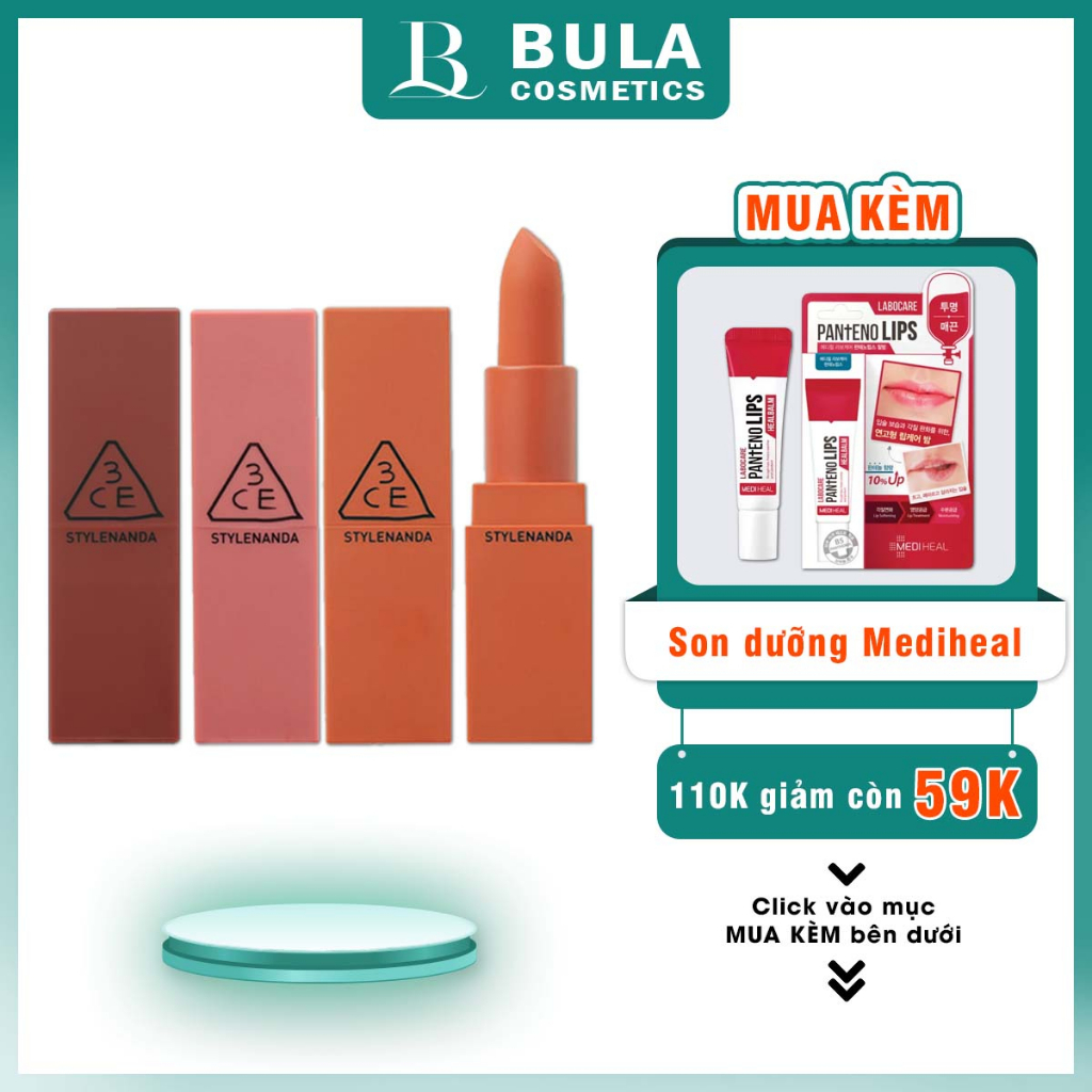 Son 3CE Matte Lip Color, Son Thỏi Mịn Lì Lâu Trôi Lên Màu Chuẩn (Full Màu)