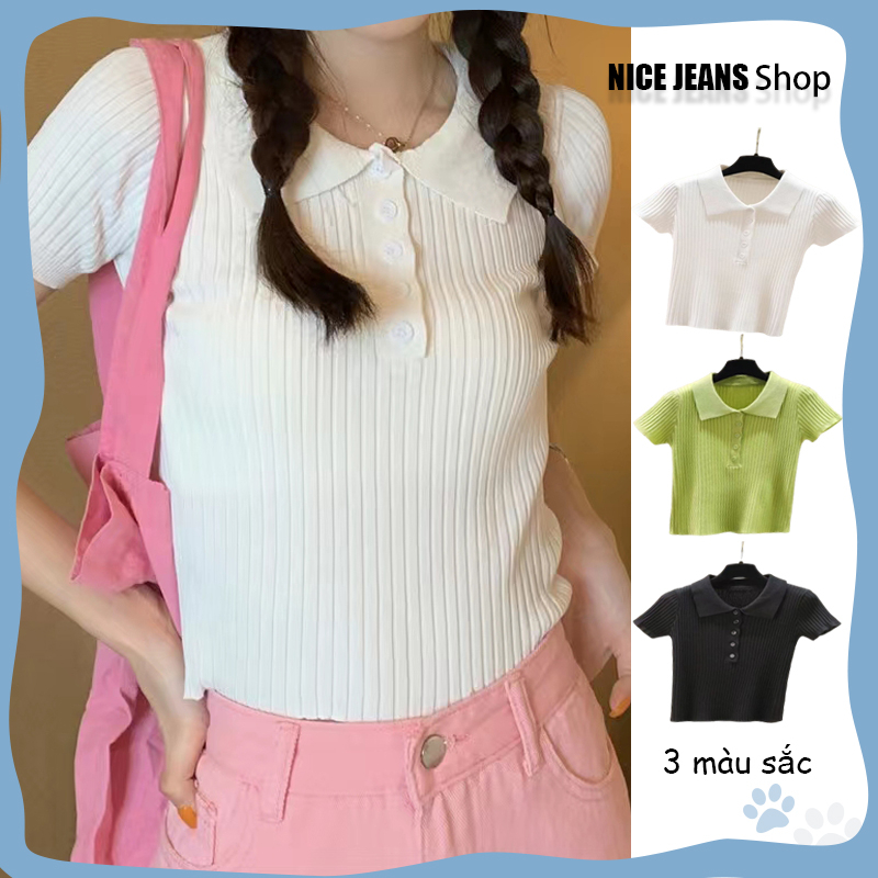【N.J shop】Áo thun nữ tay ngắn Polo mỏng Thời trang Hàn Quốc cổ điển ve áo thun dệt kim giãn áo body áo polo 2023