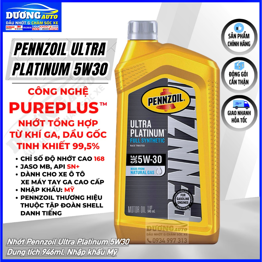 Nhớt Pennzoil Ultra Platinum 5W30 946ml Full Synthetic API SN Plus Cao Cấp Dành Cho Xe Tay Ga, Ô Tô - Nhập Khẩu USA Mỹ