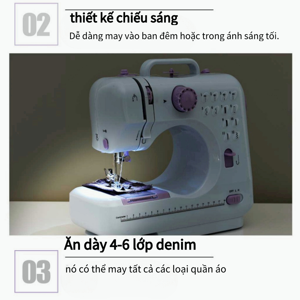 Máy May Mini  gia đình 505L Tích Hợp 12 Kiểu May,Có Chức Điều Chỉnh Độ Ngắn Mũi Chỉ. Máy May Gia Đình Đa Năng Có Vắt Sổ