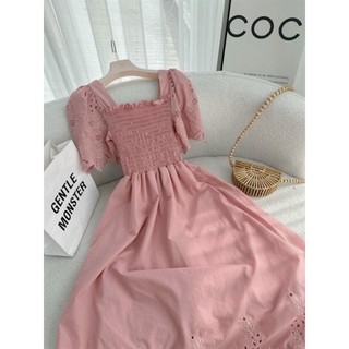Đầm hồng nhún ngực ren 15777