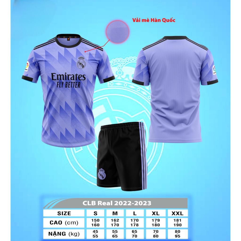 Quần áo đá banh REAL MADRID màu tím vải mè Hàn Quốc 2023 CÓ IN TÊN SỐ