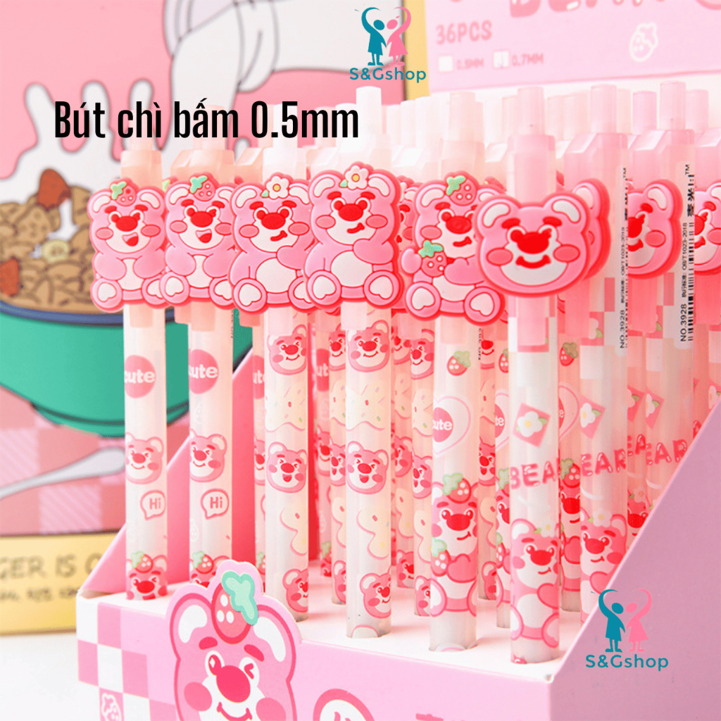 Bút chì bấm gấu dâu Lotso 2B, bút chì kim ngòi 0.5mm cute