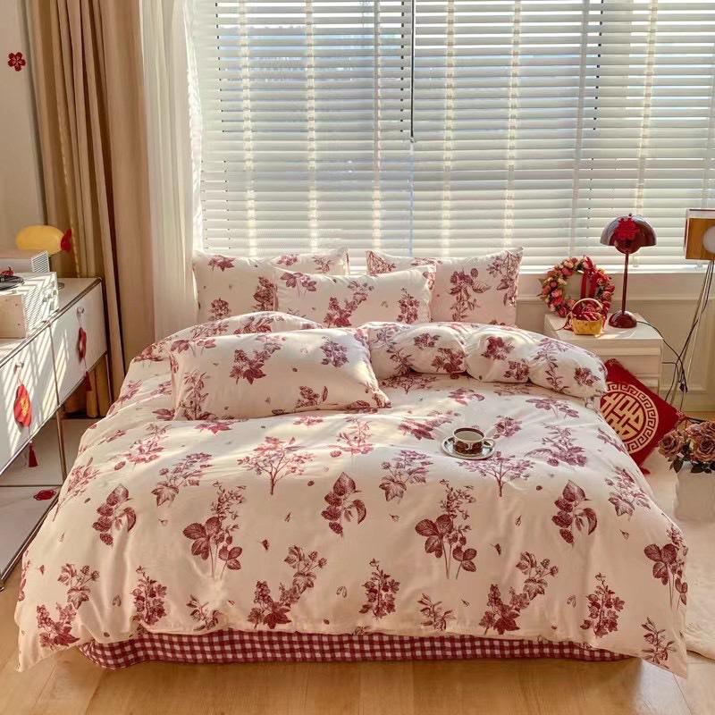 Chăn Ga Gối Cotton Living " HOA GIẤY ĐỎ " - Bộ Chăn Ga Gối Cotton 100% Nhập Khẩu 4 món