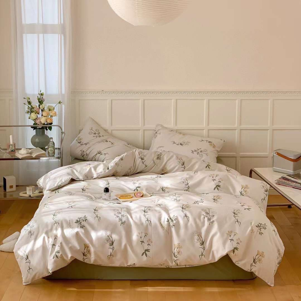 Chăn Ga Gối Cotton Living "Hoa Trà Trắng " - Bộ Chăn Ga Gối Cotton 100% Nhập Khẩu 4 món