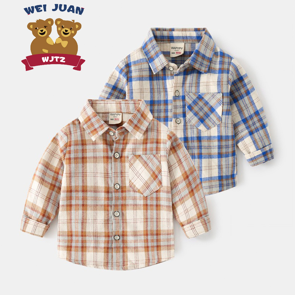 Áo sơ mi cho bé WAPYPY áo dài tay kẻ caro túi ngực chất cotton hàng xuất Âu Mỹ