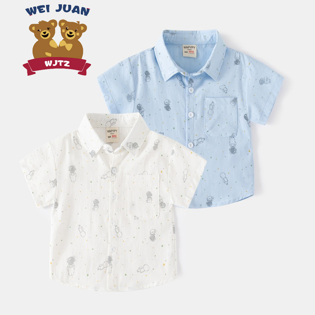 Áo sơ mi bé trai WAPYPY áo sơ mi cộc tay túi ngực họa tiết phi hành gia chất cotton hàng xuất Âu Mỹ
