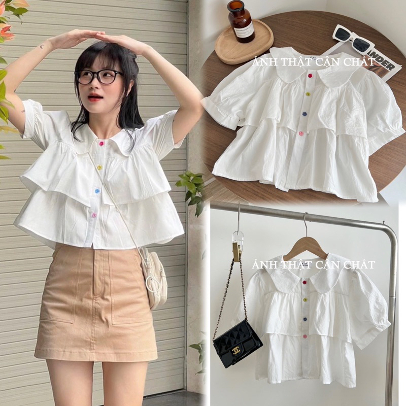 Áo Babydoll 2 Tầng Cổ Bèo Khuy Hoa Nhiều Màu Ảnh Thật Lekemqc, Áo Sơmi Croptop Phong Cách Vintage