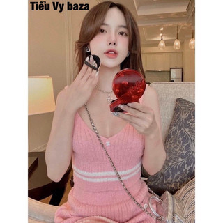 Set áo 2 dây channel croptop chân váy len hồng