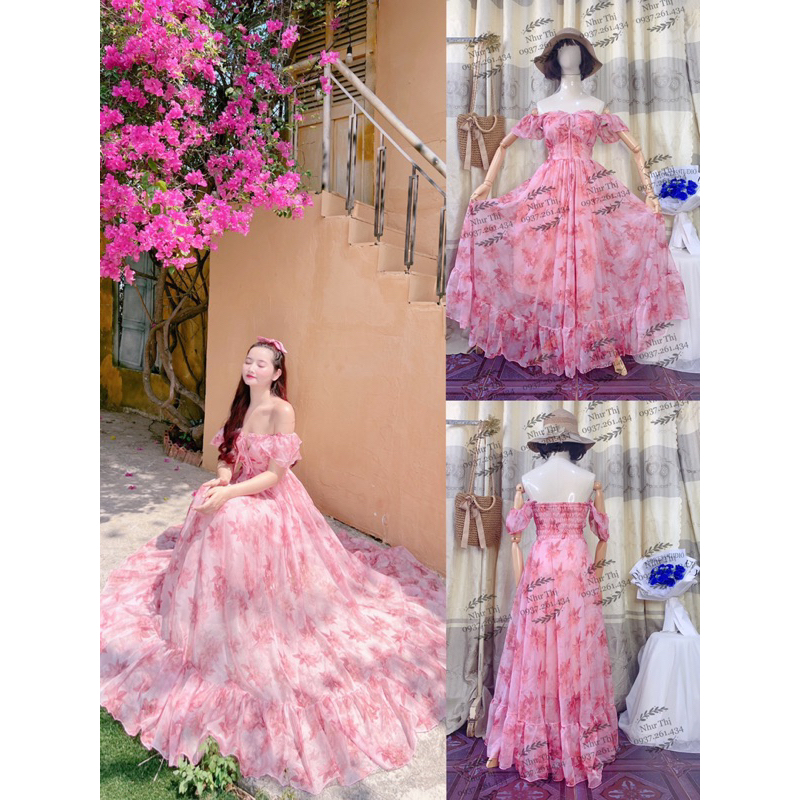 (miễn phí chỉnh váy) đầm maxi hoa hồng hai dây trễ vai váy xòe tiểu thư đi biển du lịch nàng thơ thiết kế cao cấp