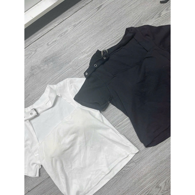 Có Mút Ngực Áo Thun Croptop Tay Ngắn Cổ U Đai Nịt