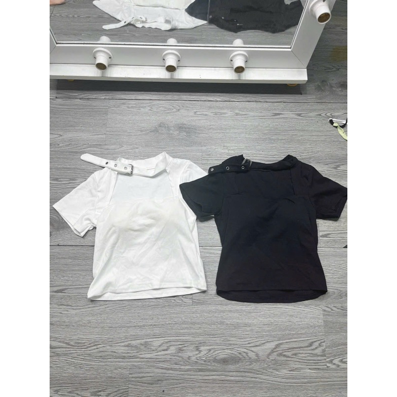 Có Mút Ngực Áo Thun Croptop Tay Ngắn Cổ U Đai Nịt